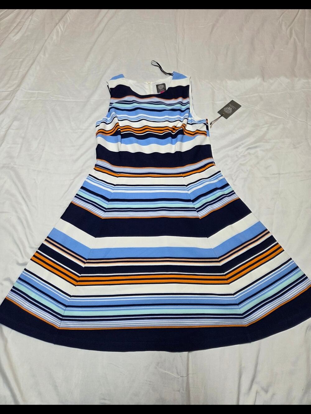 Vince Camuto Striped Sleeveless Midi Dress in Navy, Light Blue, White & Orange